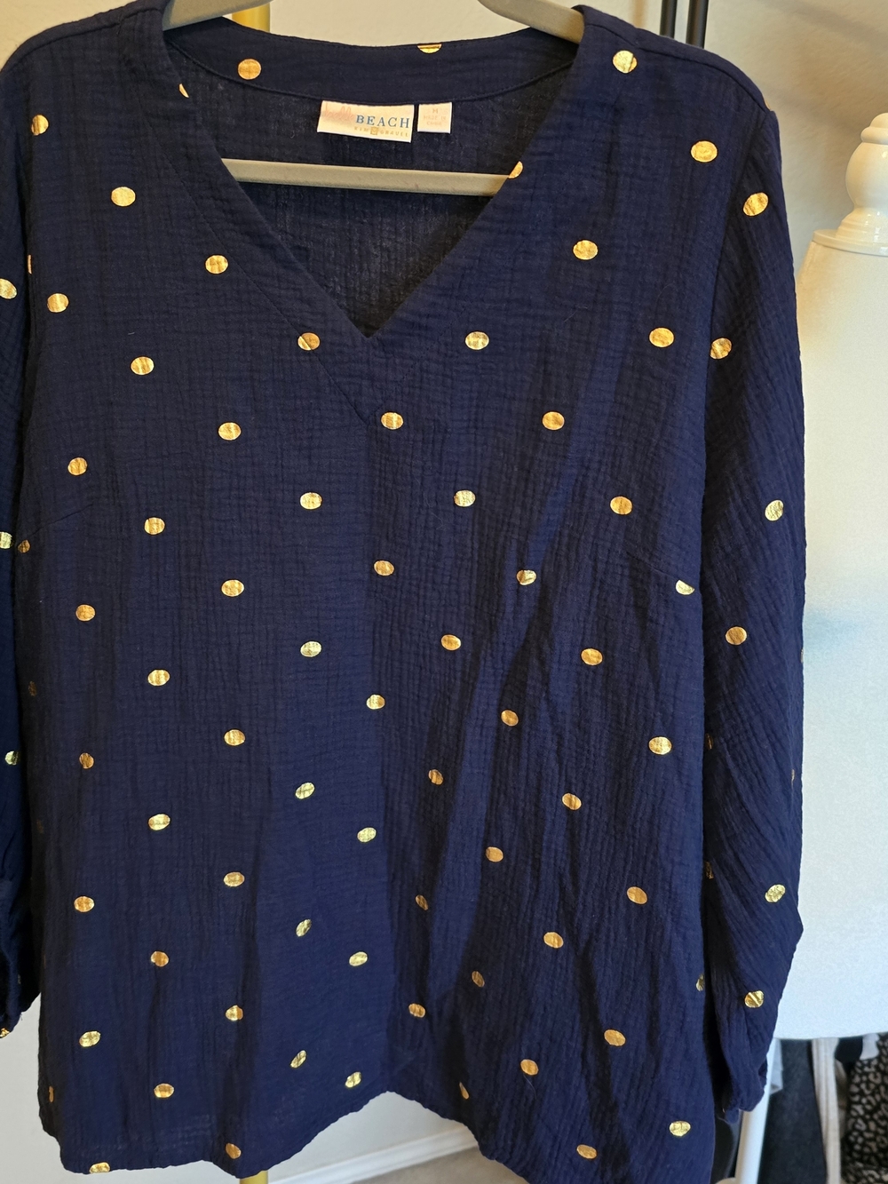 Belle by Kim Gravel Navy V-Neck Tunic with Gold Polka Dots